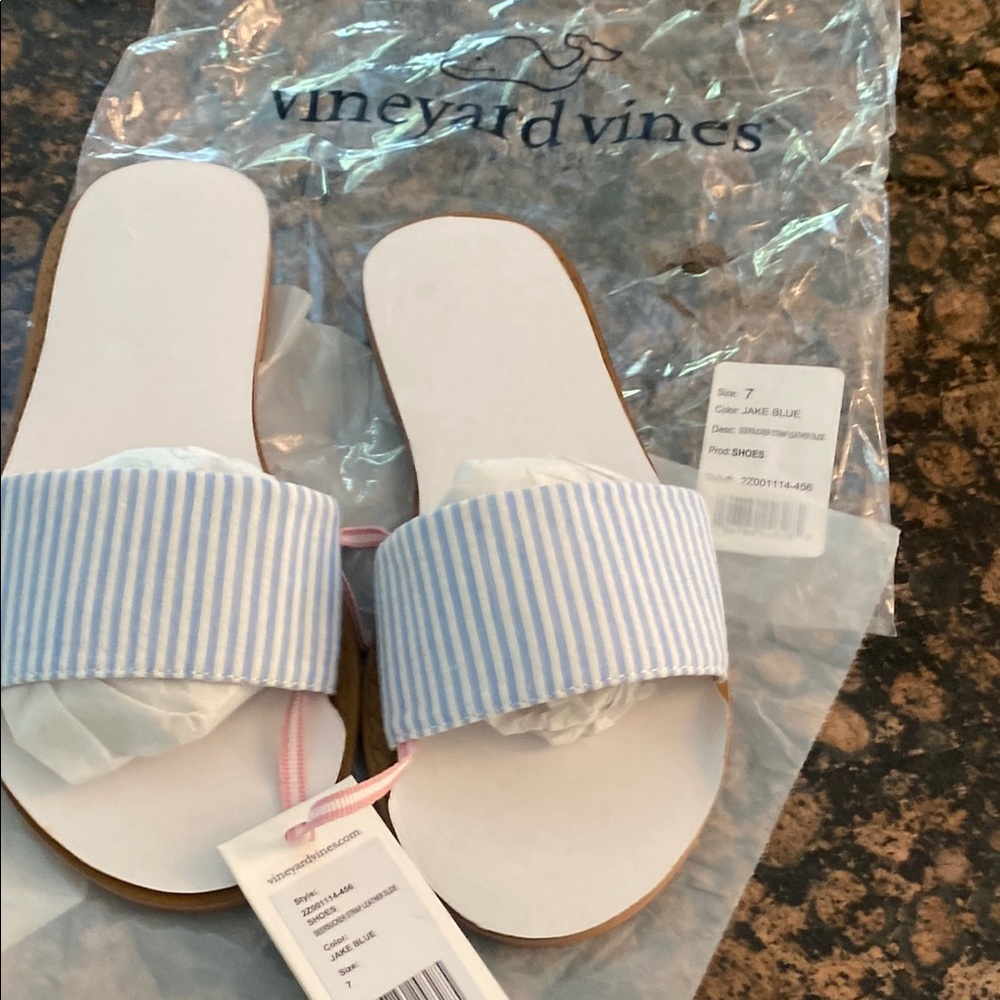 Vineyard Vines Blue and White Striped Slides